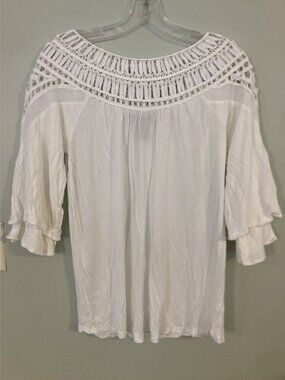 INC White Crochet Yoke Blouse With 3/4 Sleeves Womens M Peasant Renfare